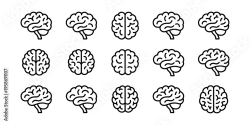 Brain icon set, modern line and flat style icons depicting brain, cognition, neural activity, and creativity for technology, education, and medical design, vector illustration.
