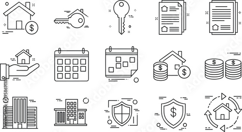 Real Estate Finance and Property Management Icon Set featuring Mortgage Services, Urban Planning, and Residential Investment