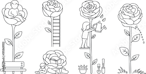 Fantasy rose garden line art set featuring giant flowers with tiny figures sitting on petals and park bench
