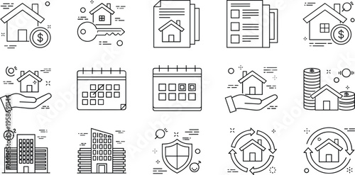 Real Estate Finance and Urban Property Management Icon Set featuring Mortgage Services, Residential Investment, and Facility Logistics