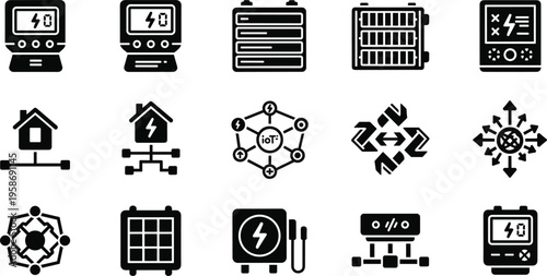 Smart Energy Management and IoT Infrastructure Icon Set featuring Digital Power Meters, Smart Home Networks, Battery Storage Controls, and Grid Connectivity Symbols