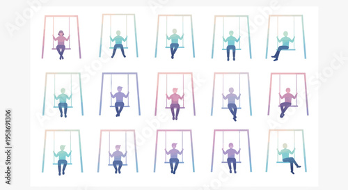 Diverse People Swinging Silhouettes Collection on White Background