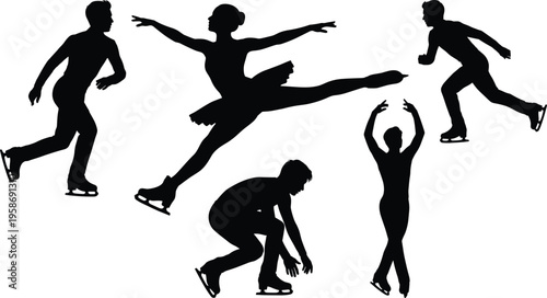 Figure skating silhouettes, ice skaters in motion, graceful spins, elegant jumps, dynamic poses, balance flexibility, artistry sport, competitive performance, dance on ice illustration