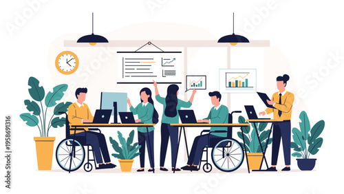 Inclusive office workspace where diverse employees including people in wheelchairs collaborate on business data and projects.