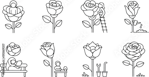 Minimalist flower line icons set showing rose blossoms with small people and gardening tools in outline style