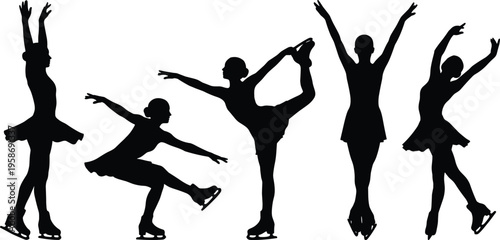 Figure skating silhouettes, ice skater poses, graceful balance, extended leg positions, artistic movement, flexibility, elegance, performance sport, dance on ice illustration