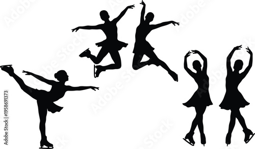 Figure skating silhouettes, female ice skaters, graceful spins, elegant jumps, dynamic glides, balance flexibility, artistry sport, competitive performance, dance on ice illustration