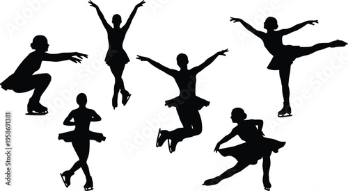 Figure skating silhouettes, ice skaters in motion, graceful spins, elegant jumps, dynamic glides, balance flexibility, artistry sport, competitive performance, dance on ice illustration