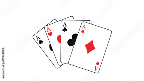 Four aces playing cards fanned out against a white background representing a winning hand in poker or casino games.