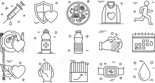 Wellness and Preventative Health Line Icon Set featuring Fitness Tracking, Clinical Vaccinations, Nutrition Planning, and Personal Hygiene Symbols
