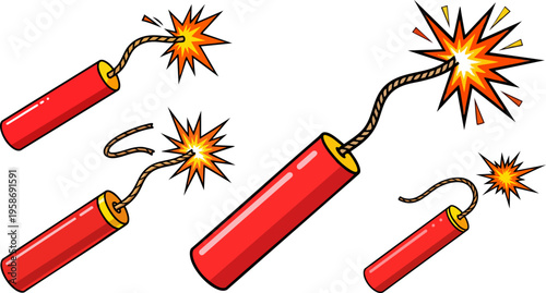 Cartoon dynamite sticks with burning wicks, red TNT explosive bundles in comic style, set of 4 vector bomb illustrations for gaming and action design