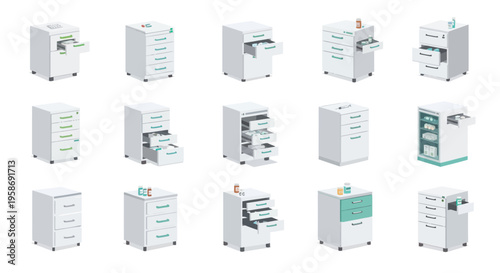 collection of 3d office furniture, white drawer filing cabinets