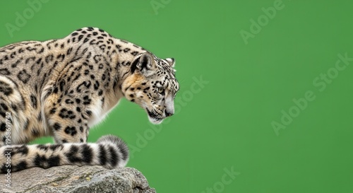 Majestic Snow Leopard Stealthily Navigating Rocky Terrain Against Bright Green Background