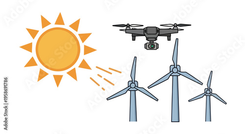 drone flying over wind turbines and sun