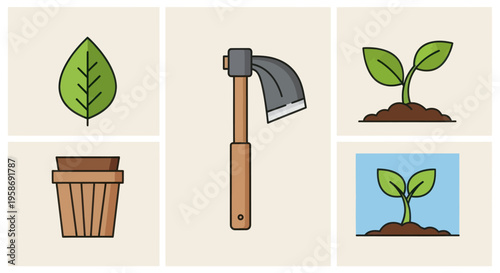 gardening tools and plants icons
