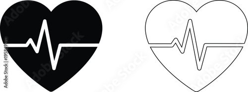 Heartbeat pulse line icons in heart shape, medical ecg cardiogram vector set, black silhouette and outline heart rate symbols for healthcare