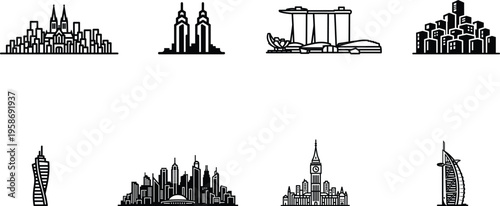 black and white city skylines from around the world in various architectural styles and famous landmarks