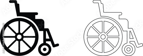Wheelchair icon set in solid and outline styles, medical mobility equipment vector, accessibility and disability symbols for healthcare design