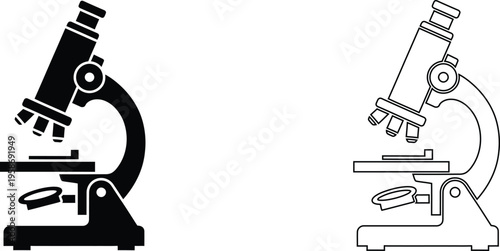 Scientific microscope vector icons, laboratory research equipment in solid black and outline styles, biology and chemistry education symbols