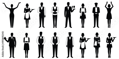 Black Vector Silhouette Restaurant Servers, Sixteen Professional Waiters and Hospitality Staff in Service Poses, Catering Team Characters, Food Service Industry Icons, Uniform Staff Design Elements