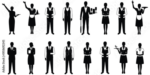 Black Vector Silhouette Restaurant Servers, Sixteen Professional Waiters and Hospitality Staff in Service Poses, Catering Team Characters, Food Service Industry Icons, Uniform Staff Design Elements