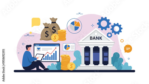 Financial banking concept featuring a man analyzing data on a laptop surrounded by money bags coins and charts.
