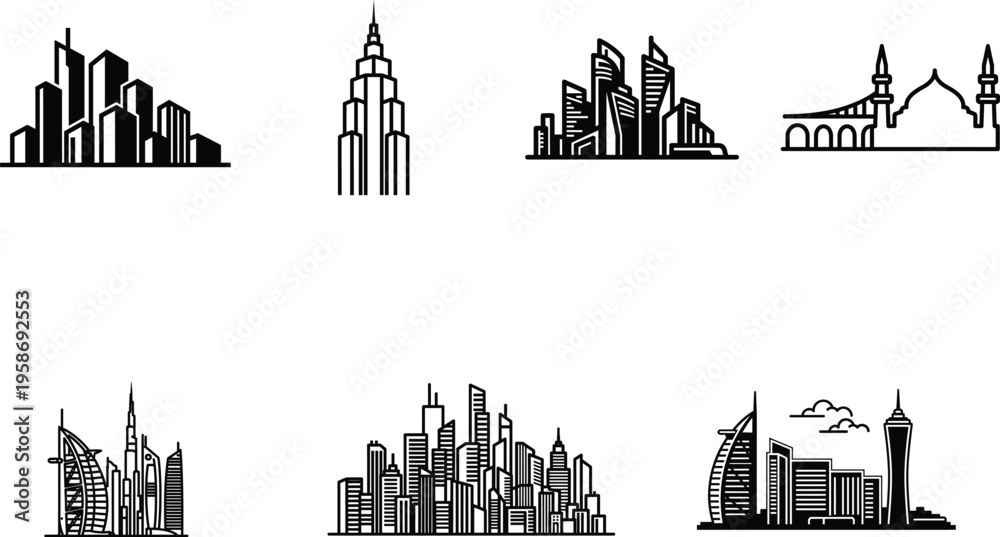 Obraz premium City skylines with various buildings and architectures around the world in black silhouette