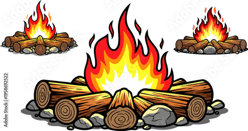 Cartoon campfire vector set with burning logs and stones, outdoor camping fire illustrations, wood bonfire flame collection for hiking and adventure