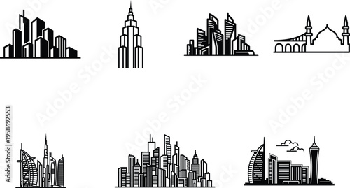 City skylines with various buildings and architectures around the world in black silhouette