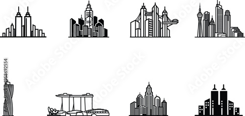 City skylines with modern buildings and towers in black silhouette on white background