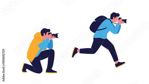 Two male photographers in active poses with professional cameras capturing moments while kneeling and running.