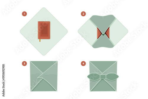 Furoshiki Japanese fabric gift wrapping step by step instruction. Sustainable zero waste gift wrapping tutorial with 4 steps infographic. Wrap gift with cloth Furoshiki method. Vector illustration