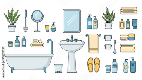 Comprehensive set of bathroom interior items including a bathtub pedestal sink mirrors towels and various toiletries.