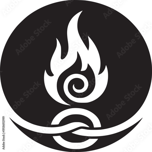 A black circle containing a stylized white flame above a stylized white knot on a white background