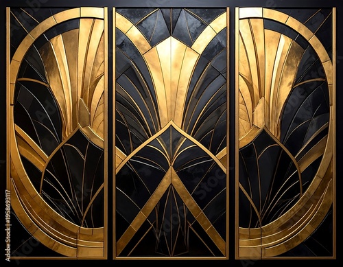 Triptych featuring a stylized, black & gold art deco design with sweeping lines and geometric shapes