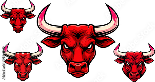 Aggressive red bull head mascot vector, angry bull face with sharp horns, powerful cattle head illustration for sports team logos and branding