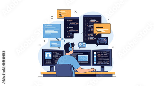 Software developer or gamer working at a desk with multiple monitors displaying code and interactive game icons.