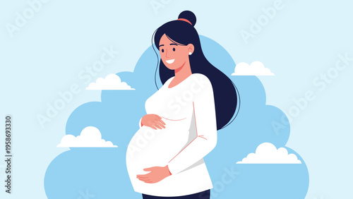 Happy pregnant woman smiling while gently holding her belly against a peaceful blue sky background with clouds.