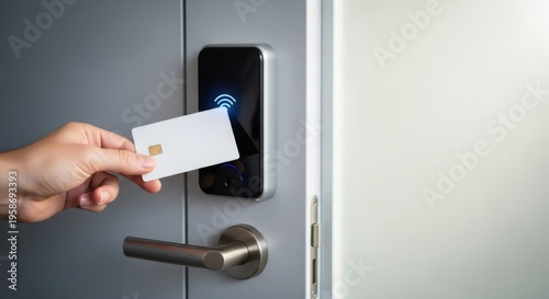 Hand holding blank access card to unlock electronic door lock. Smart home security system for room entry. Modern contactless technology for hotel guest or office building access control.