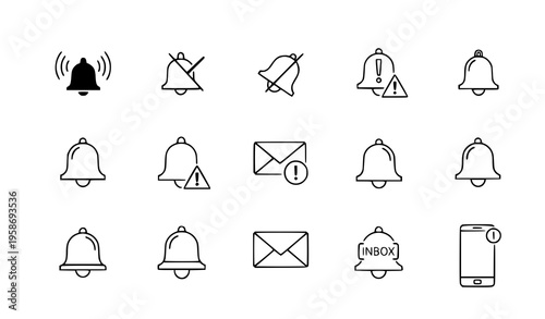 A set of notification icons including bells and envelopes in a flat design style