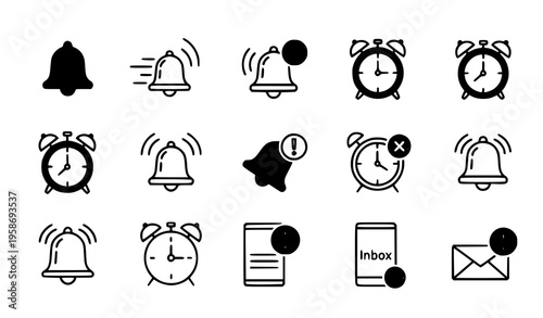 A set of black and white notification icons with alarm clocks and bells