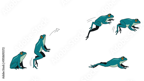 Sequence of a green frog in various stages of jumping from a sitting position to mid-air and landing safely on the ground.