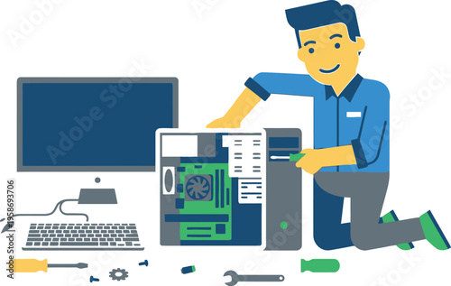 Technician happily repairs an open desktop computer tower next to a monitor.