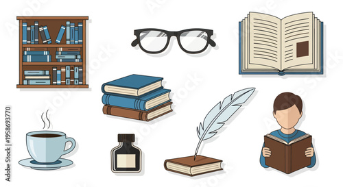 Reading and Writing Icons: Bookshelf, Open Book, Glasses, Coffee, Quill, Inkwell, Person Reading