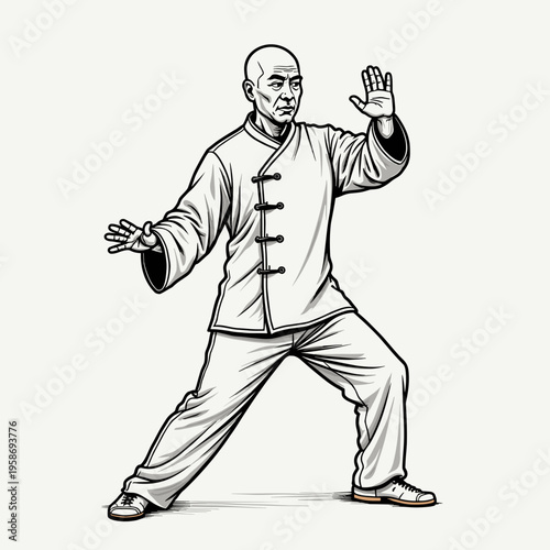 Man practicing tai chi with focused expression in traditional attire  