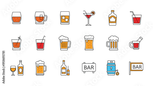 Assorted bar icons featuring various glasses of beer cocktails and wine bottles alongside traditional bar signage.