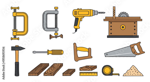 Carpentry Tools and Woodworking Supplies Flat Design Icons Set