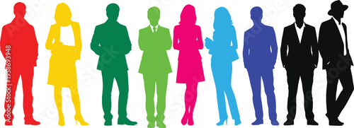 Colorful silhouettes of diverse business people standing together, representing corporate diversity, teamwork, leadership, professional identity, and modern workplace concept illustration