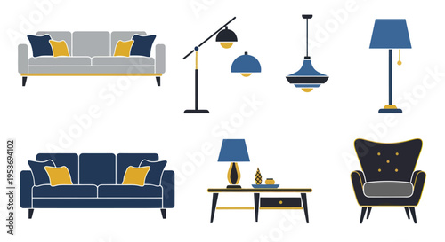 Modern Furniture and Lighting Collection: Sofas, Armchair, Lamps, Pendant Lights