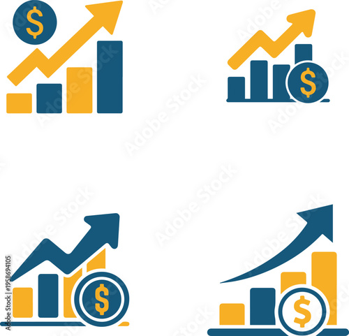Financial Growth Bar Chart Icons Set with Upward Arrow and Dollar Coin Symbol